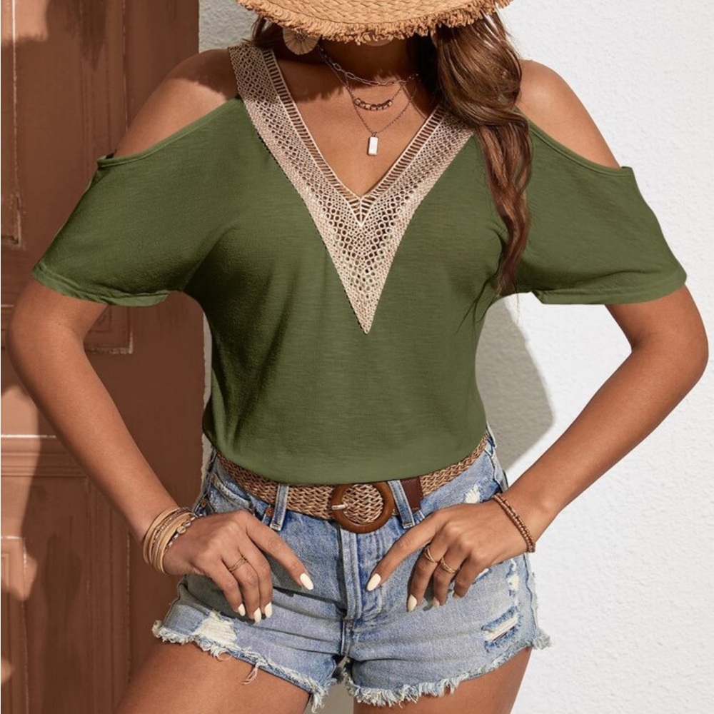 Classic Elegant boho Sheer Mesh Lace Cold Shoulder Tee T Shirt Top Blouse - Picture 2 of 6